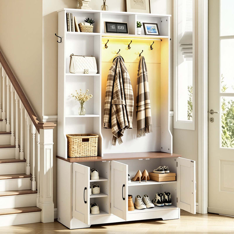 Arbre d'entrée avec banc et rangement pour chaussures, 39 po de large, arbre d'entrée avec banc, crochets de suspension, tablettes de rangement, tablettes à chaussures réglables, éclairage à DEL, bois, pour vestibule, vestibule, couloir, blanc