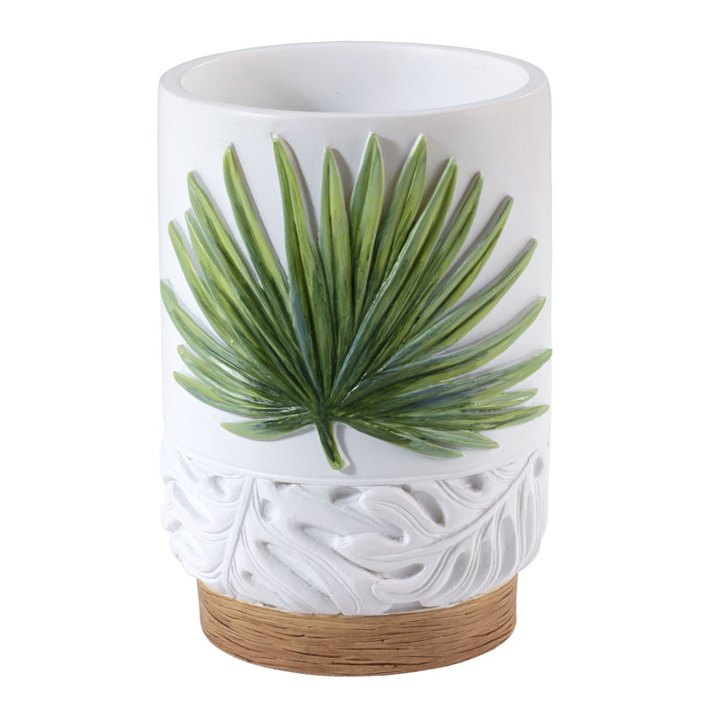 Green and White Resin Palm Leaf Tumbler with Faux-Wood Base