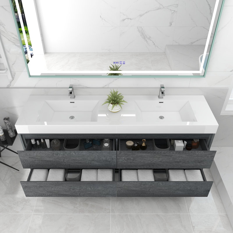 72'' Double Bathroom Vanity with Acrylic Top, Smoke Oak