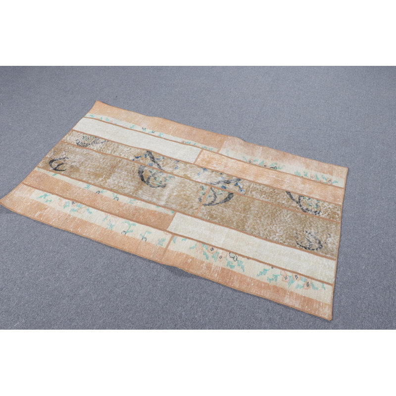 Handmade Turkish Patchwork Wool Rug Ideal For Bathrooms And Small Spaces In Vibrant Orange And Multicolored Patterns