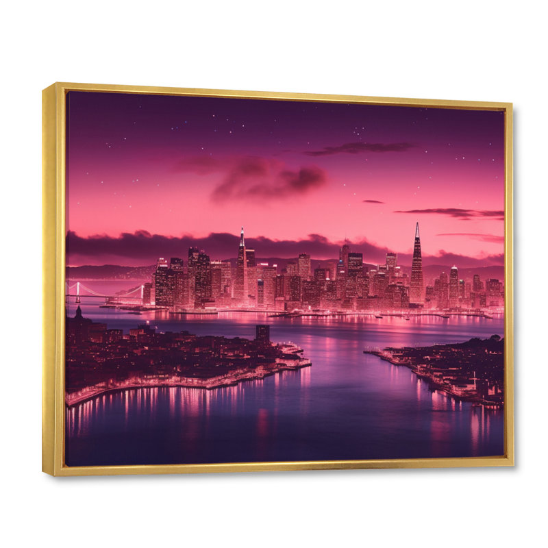 «San Francisco Skyline And Bay Bridge V», reproduction d'art sur toile, H 16 po x l 32 po, Cadre flottant doré