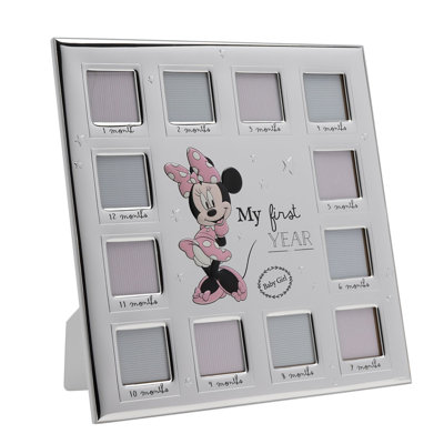 Disney Minnie Mouse 12 Month Multi Aperture Silver Plate Frame With White Wooden Back