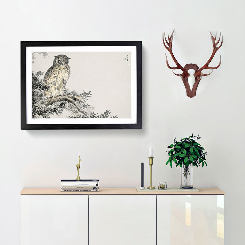 Japanese Scops Owl by Numata Kashu - Framed Print, Black Framed, 62cm H x 87cm W x 2cm D