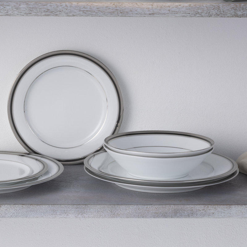 Austin Platinum 12-Piece White Porcelain Dinnerware Set with Metal Accents