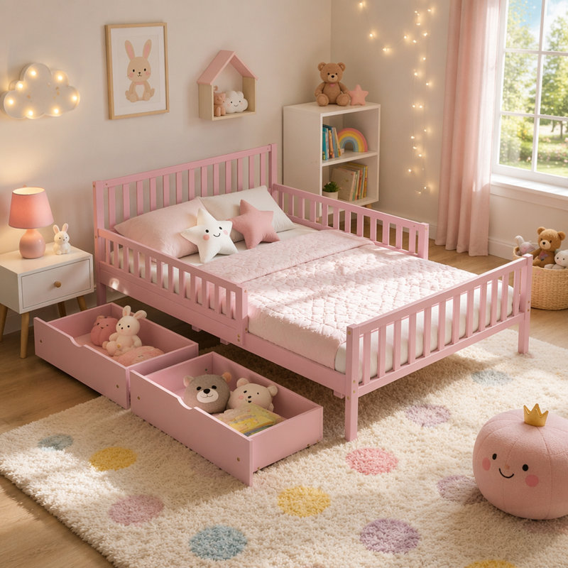 Lit plateforme en bois avec garde-corps et deux tiroirs de rangement, peu encombrants et élégants, Full / Double, Pink