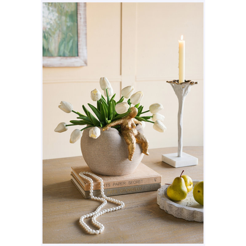 Pot à fleurs rond 9,3 po x 8,8 po x 8,8 po avec figurine abstraite dorée