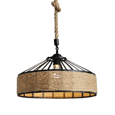 30cm Boho Rattan Pendant Light with Adjustable Rope - Handwoven Wicker Ceiling Lamp Shade, E27 Vintage Island Light for Dining Room & Bedroom