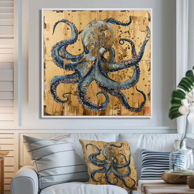 Blue Octopus Asian Vintage Gold - Octopus/Squid Animal Wall Art Decor