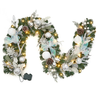 6 ft. Pre-Lit Christmas Garland with White and Silver Ornaments, Pine Cones, Snowflakes