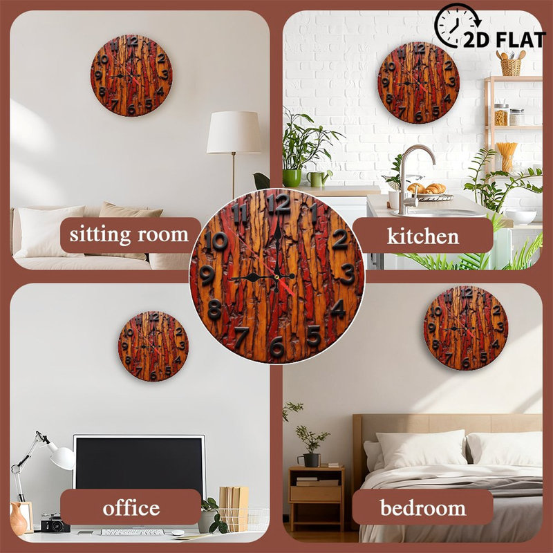 Horloge murale en bois sculpté à la main rustique rouge orange