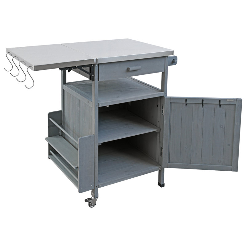 40.5" Outdoor Grill Cart With Stainless Steel Top, Solid Wood Outdoor Storage Cabinet With Drop Leaf, One Drawer, Towel Rack, Rolling Kitchen Cart With Lockable Wheels