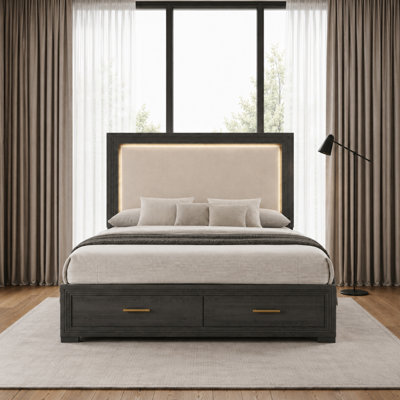 Liora LED Upholstered Platform Bed with Lighted Headboard, Footboard Drawers, and Contemporary Style