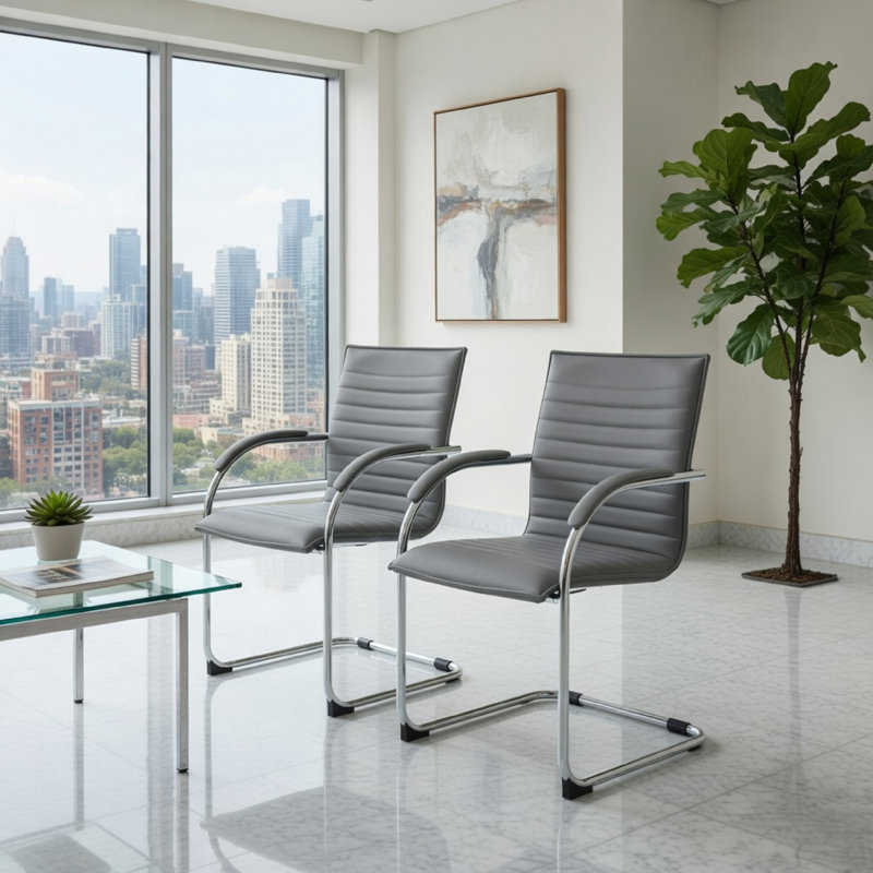 Ensemble de 2 chaises de bureau Neni, vinyle gris rembourré de mousse, porte-à-faux chromé, Gris
