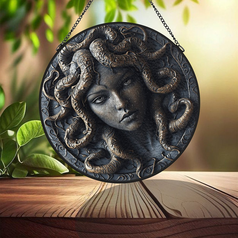 Panneaux de vitrail attrape-soleil en forme de médaille du serpent Méduse pour décoration de fenêtre, 3,5 x 3,5 po (9 x 9 cm)