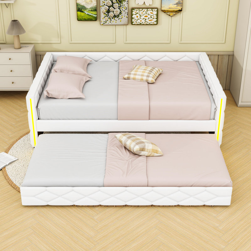 Full XL PU Upholstered Daybed with LED Light Armrests and Pull-Out Twin Trundle