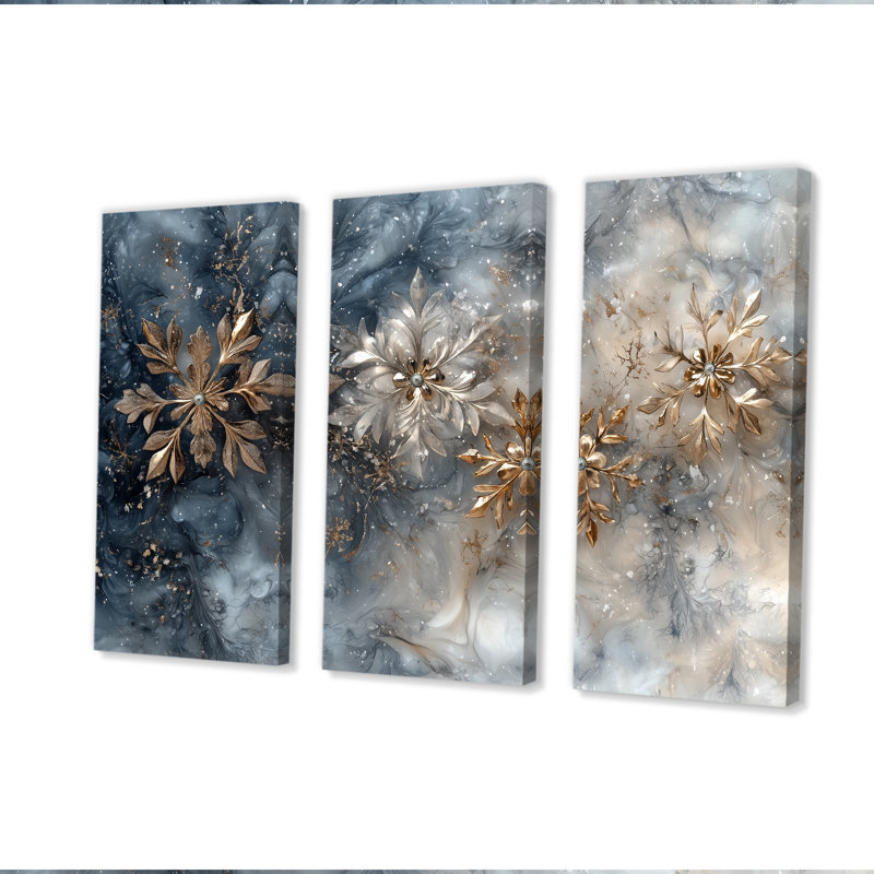 Or doré, flocons de neige II - ensemble d'art mural de Noël, Toile tendue, H 40 po x l 60 po x P 1 po