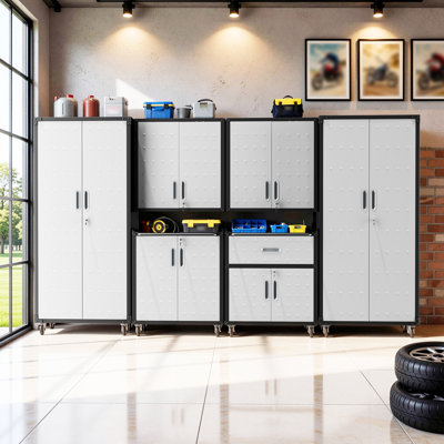 6-Piece Garage Storage Systems Set, Metal Garage Storage Cabinets with Wheels, 2 Wall Mounted Cabinets + Rolling Cabinets + 2 Tall Pegboard Cabinets, Lockable Tool Chest Organizer