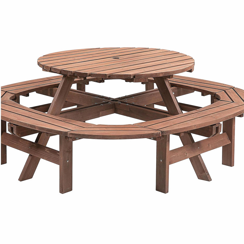 10-12-person Round Outdoor Wooden Picnic Table for Patio, Backyard, Garden, DIY with 1 Built-in Ring Stool, 500-lb Weight Capacity - Walnut Brown