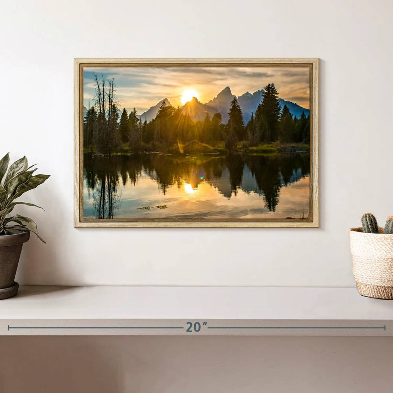 Coucher de soleil spectaculaire sur Grand Teton, Cadre flottant en bois naturel, 13 po x 9 po