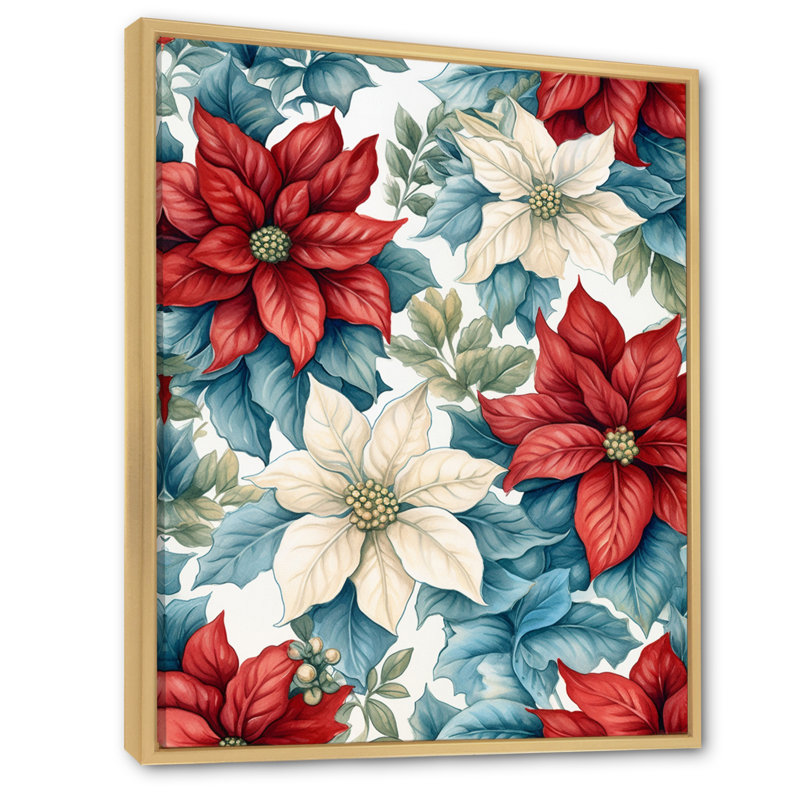 Poinsettia Passion I - impression sur toile florale, H 32 po x l 16 po x P 1 po, Cadre naturel flottant