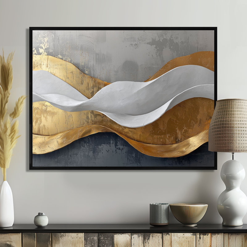 Ognen, bosquet abstrait d'introspection en or et blanc IV - art abstrait de vagues modernes, Noir, Cadre flottant