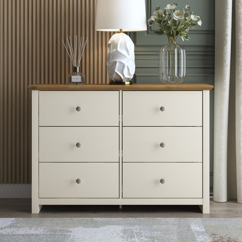 Commode double 6 tiroirs Tevrat, Ivoire / chêne noueux