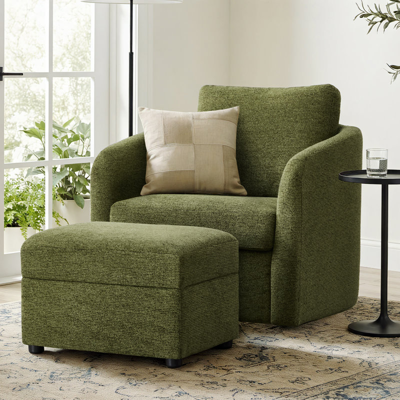 33" W Modern Upholstered Swivel Armchair With Ottoman, Green
