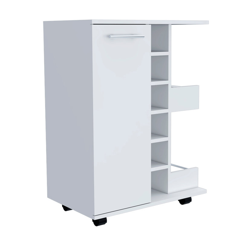 Bar Cart Wells, Four Casters, Six Wine Cubbies, Single Door Cabinet, White Finish, White