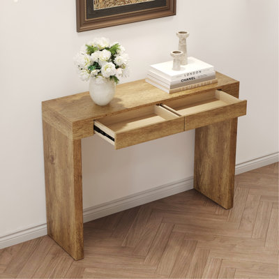 Élégante table de bar en grain de bois naturel - 50 pouces de long, un choix pratique pour les maisons modernes. Autocollant texturé en grain de bois, équipé de deux tiroirs. Servant de table de bar ou de bureau.