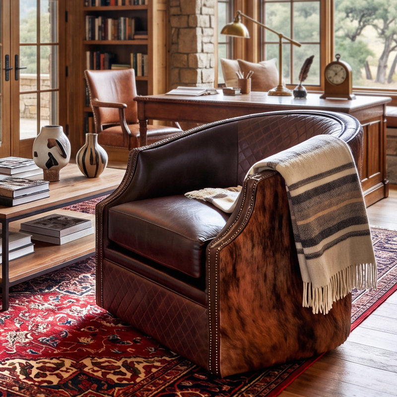 Fauteuil demi-tonneau en cuir de vache brun Diamond Diamond - pivotant et inclinable - Rustic Western Ranch