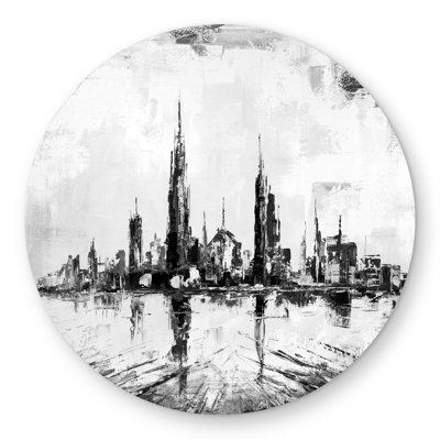 Abstract and texturized mono city - round outdoor area rug