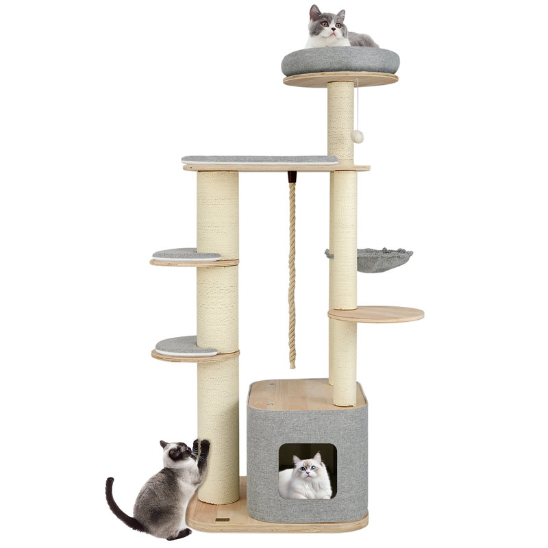  63'' Tall Modern Cat Tree w/ Perch Condo Hammock 5.6'' Scratching Posts