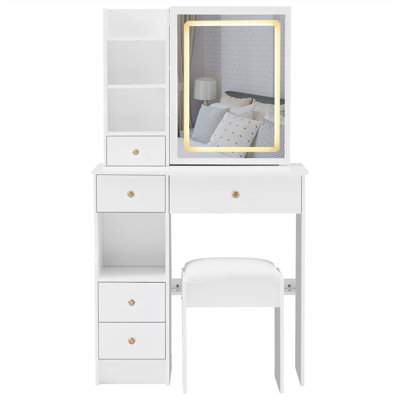 Compact LED Vanity Table with Mirror and Stool, 3 Light Modes, Touch Brightness Control, Ideal for Small Salons or Studios, Pure White