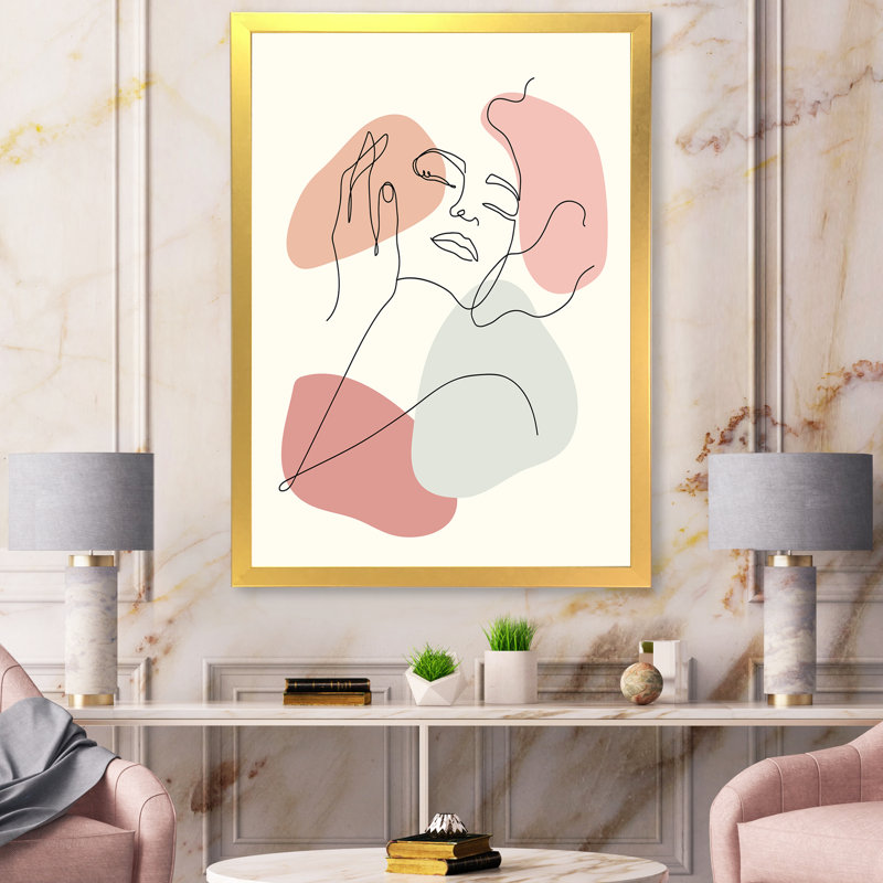 Portrait de femme, ligne continue - impression sur toile, Toile encadrée d'or, H 32 po x l 24 po x 1,5 po