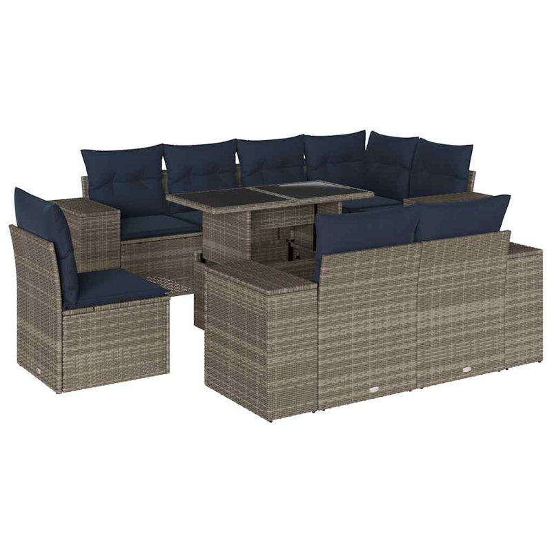 Ensemble de canapé de patio 9 pièces avec coussins en rotin de polyester, Gris, Marine