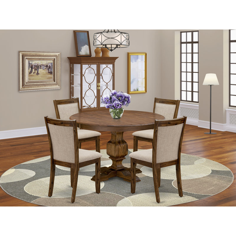 5 Piece Modern Dining Table Set Includes a Round Wooden Table with Pedestal and 4 Light Tan Linen Fabric Upholstered Parson Chairs,  Antique Walnut