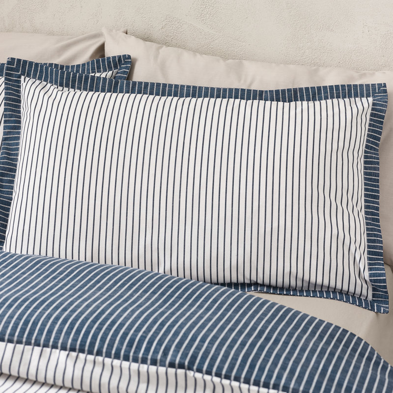 Oxford Pinstripe Reversible Duvet Cover Set, King Duvet Cover + 2 Standard Pillowcases, Navy