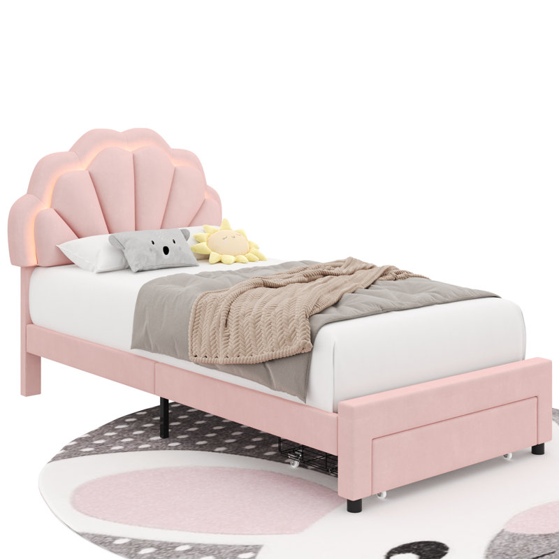 Burlyn Upholstered LED Bed Frame with Drawer & Adjustable Headboard, Pink, Twin