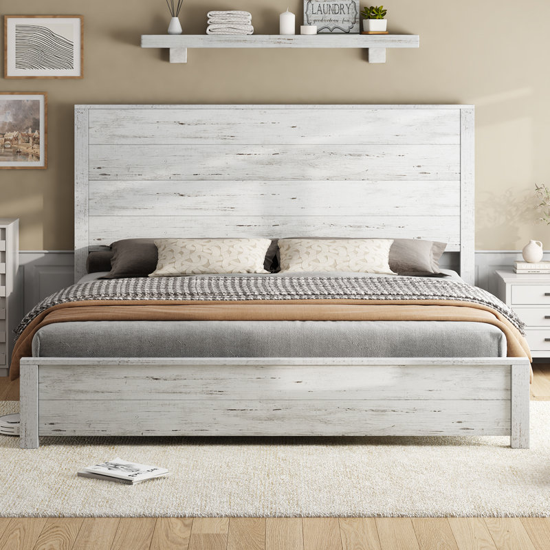 51.2" Solid Wood Bed Frame, Rustic Platform Bed With Spliced Headboard, Antique White, Full