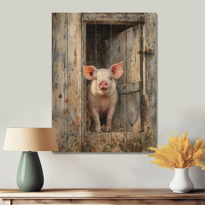 «Farm Pig Portrait Of Happiness I», reproduction sur bois d'un animal cochon - sur bois de pin naturel