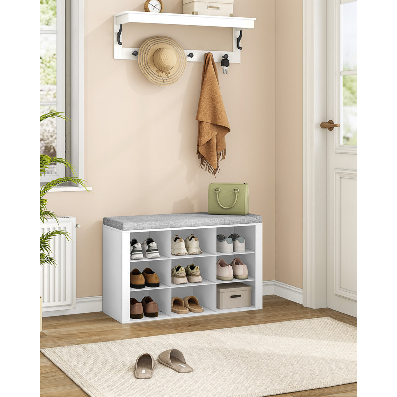 Shoe Storage Bench with Padded Seat, Shoe Rack Bench with 9 Open Compartments, Adjustable Shelves, Shoes Cabinet with Cushion for Hallway, Living Room, Bedroom, White 