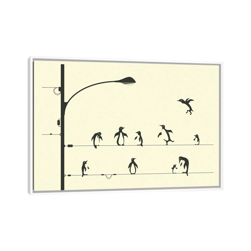 «Penguins on a Wire», art encadré, H 40 po x l 60 po x P 1,5 po, Toile blanche encadrée