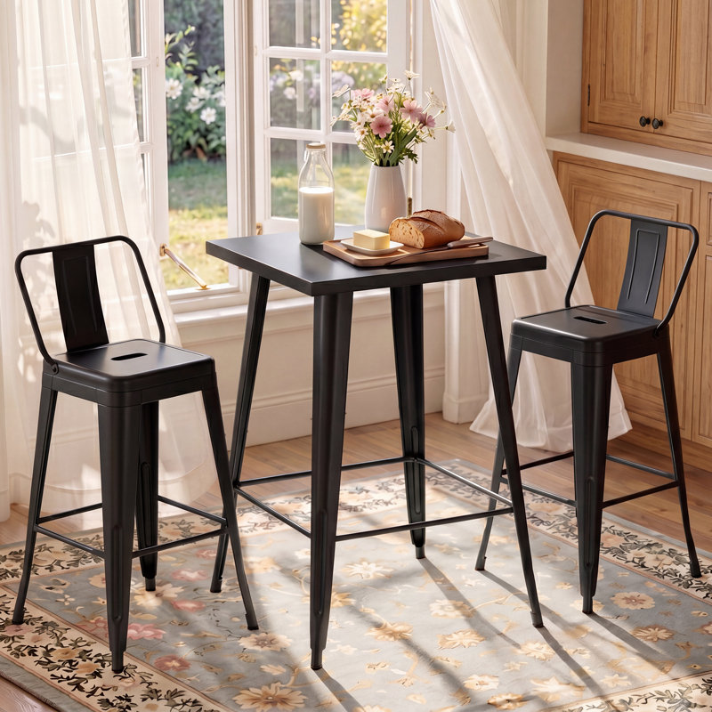 Ensemble repas de patio 3 pièces avec structure en acier thermolaqué, Black