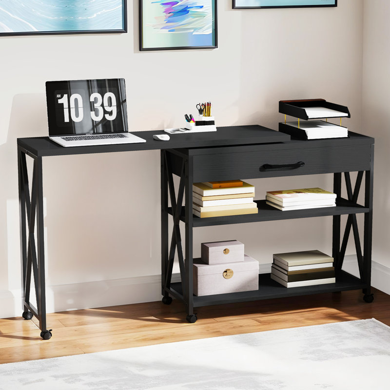 360° Rotating L-Shaped Writing Desk with Storage, Black