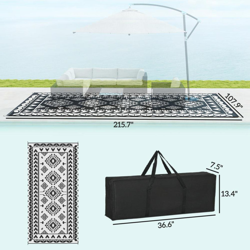 Tapis réversibles de grande surface, tissu de polypropylène de qualité supérieure, patchwork noir et blanc pour la terrasse de camping extérieure