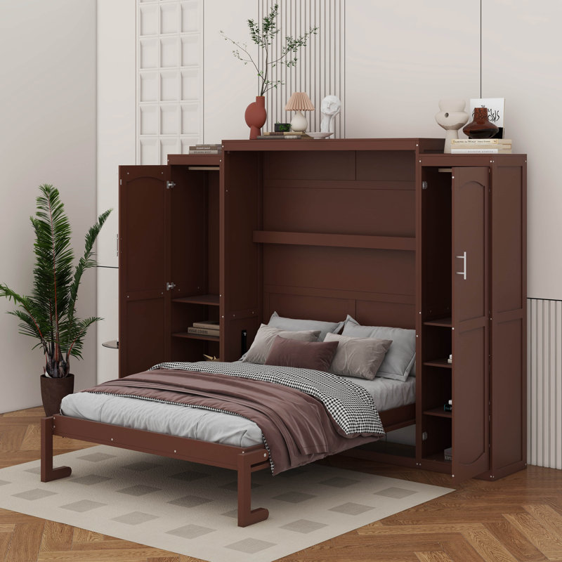 Lit escamotable avec 2 garde-robes et tablette de rangement, Noyer, Lit double
