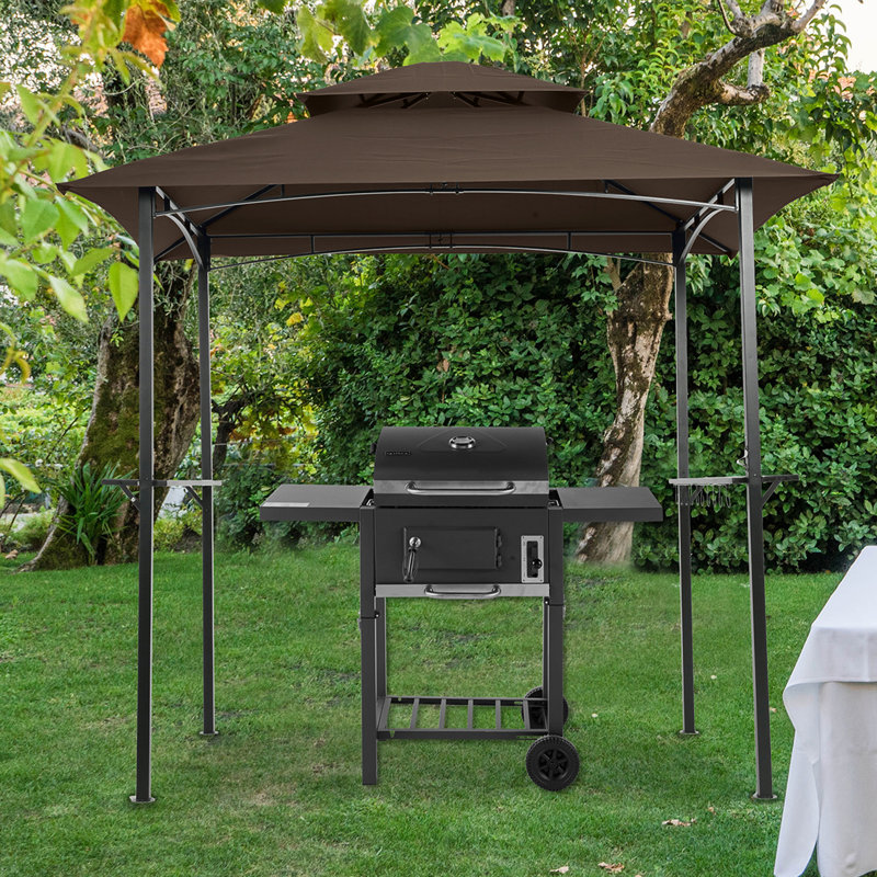 Outdoor Grill Gazebo 8×5 Ft, Shelter Tent With Double - Tier Soft Top Canopy, Steel Frame, Hook - Fitted Bar Counters, Brown Finish, Ideal For Backyard Bbqs, Patio Cooking & Outdoor Social Gatherings
