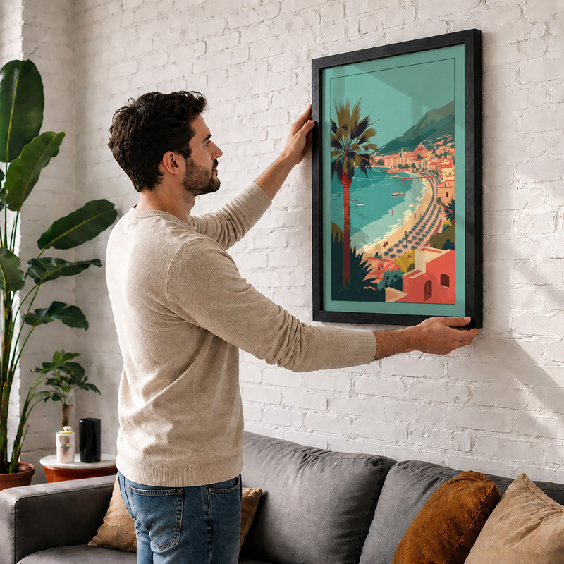 Mediterranean Beach Town Coastal - Framed Print, A1 - 84.1 x 59.4 cm, Oak