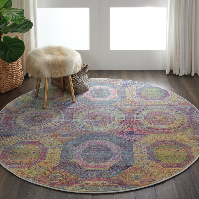 Bungalow Rose Geometric Indoor Rug, Round 4'