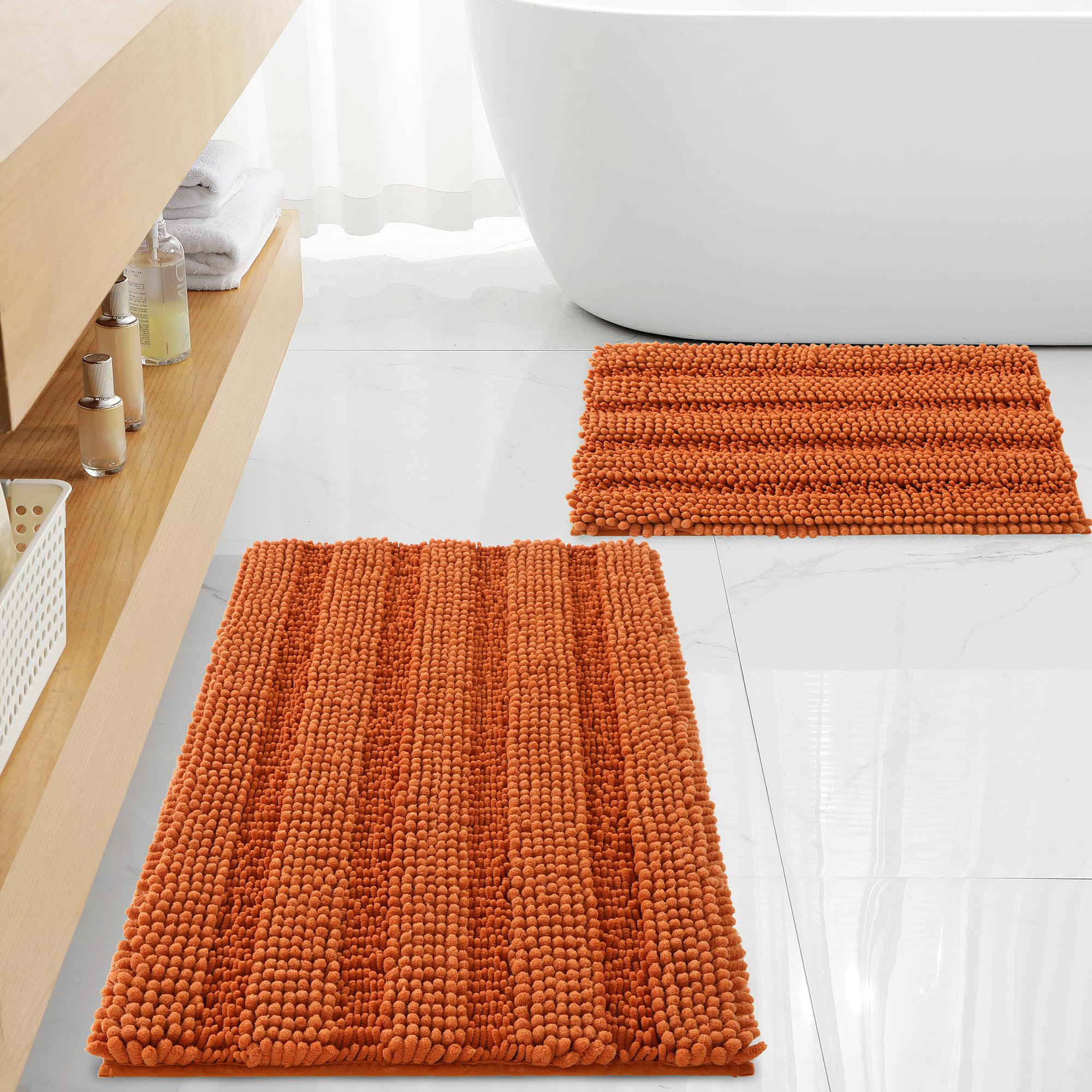 Latitude Run® Non Slip Thick Shaggy Chenille Burnt Orange Bathroom Rug Sets 2 Piece, Thickened Hot Melt Rubber Bottom Bath Mats (32"X20"+17"X24") | Wayfair